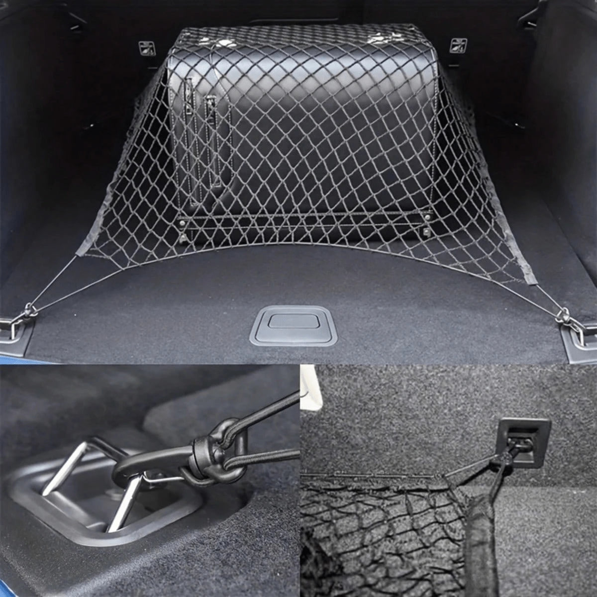 Stretchable Nylon Car Trunk Cargo Storage Net With Strong Metal Hooks, Universal Elastic Trunk Organizer Mesh Holder, Heavy Duty Flexible Luggage Fixed Net, Easy Install Auto Storage Accessory For Pic