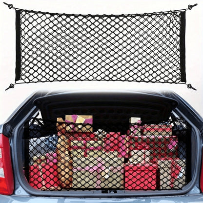 Stretchable Nylon Car Trunk Cargo Storage Net With Strong Metal Hooks, Universal Elastic Trunk Organizer Mesh Holder, Heavy Duty Flexible Luggage Fixed Net, Easy Install Auto Storage Accessory For Pic