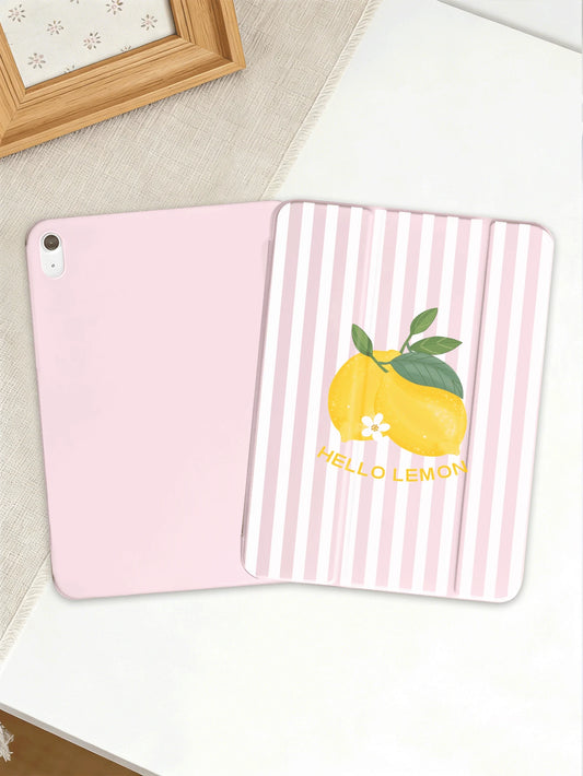 Striped&Lemon Pattern Tablet Protective Case, Compatible With IPad 7/8/9/10th/Pro 11/11th (A16) 2025, Galaxy Tab S6 Lite/ Galaxy Tab A11+ 2025, Offers Soft Shock-Proof Protection, Supports Smart St