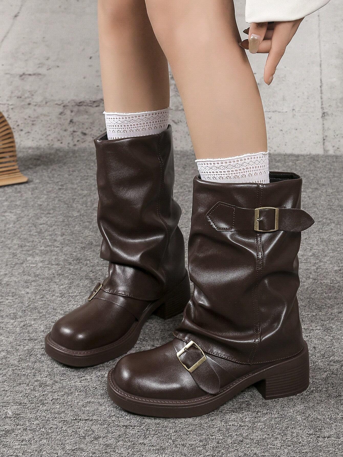 Style With Tops,Women's Black Fashion Ankle Boots, New Design With Buckle, European And American Niche Market, Chunky Heel Thick Sole, Lightweight, Western-Style Wrinkle Boots For Fall/Winter, Retro M