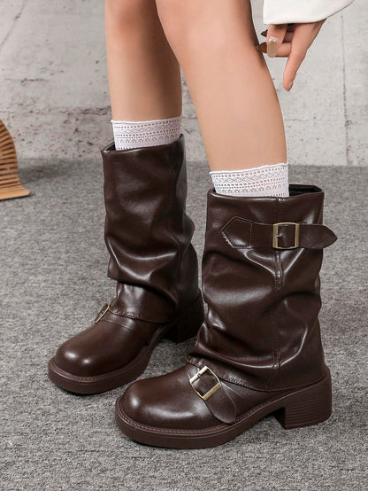 Style With Tops,Women's Black Fashion Ankle Boots, New Design With Buckle, European And American Niche Market, Chunky Heel Thick Sole, Lightweight, Western-Style Wrinkle Boots For Fall/Winter, Retro M