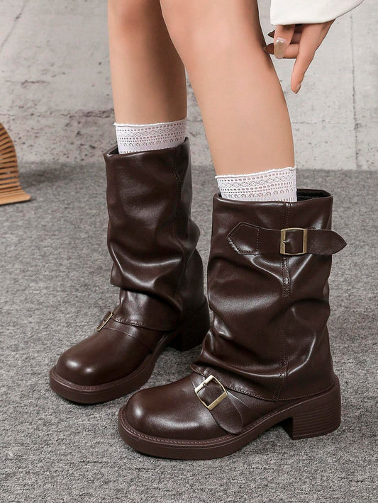 Style With Tops,Women's Black Fashion Ankle Boots, New Design With Buckle, European And American Niche Market, Chunky Heel Thick Sole, Lightweight, Western-Style Wrinkle Boots For Fall/Winter, Retro M