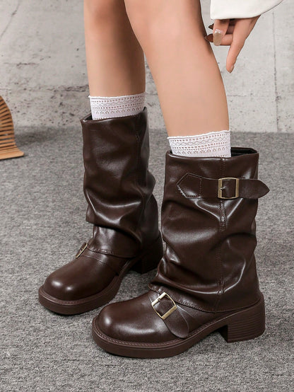 Style With Tops,Women's Black Fashion Ankle Boots, New Design With Buckle, European And American Niche Market, Chunky Heel Thick Sole, Lightweight, Western-Style Wrinkle Boots For Fall/Winter, Retro M