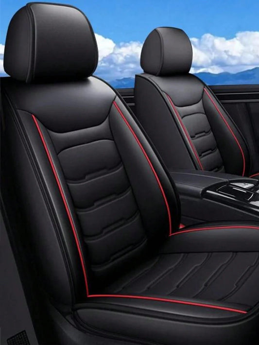 Stylish Black & Red Contrast Faux Leather Red-Stitched 5-Seater Full Coverage Car Seat Covers- Universal Fit Auto Seat Protectors