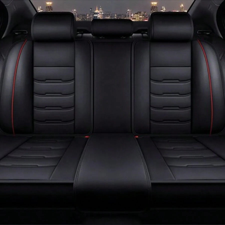 Stylish Black & Red Contrast Faux Leather Red-Stitched 5-Seater Full Coverage Car Seat Covers- Universal Fit Auto Seat Protectors