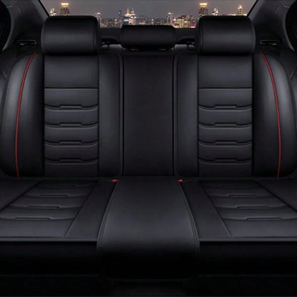 Stylish Black & Red Contrast Faux Leather Red-Stitched 5-Seater Full Coverage Car Seat Covers- Universal Fit Auto Seat Protectors