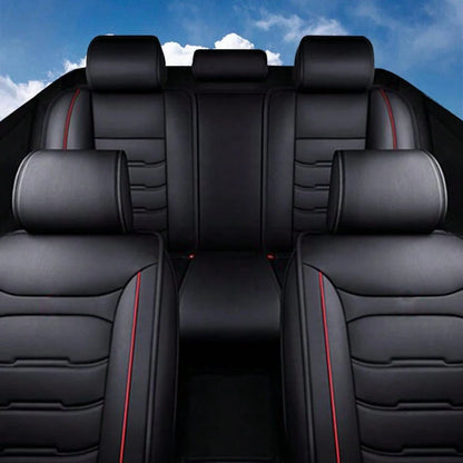 Stylish Black & Red Contrast Faux Leather Red-Stitched 5-Seater Full Coverage Car Seat Covers- Universal Fit Auto Seat Protectors