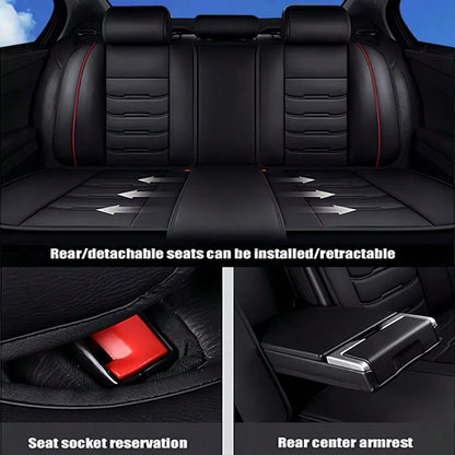 Stylish Black & Red Contrast Faux Leather Red-Stitched 5-Seater Full Coverage Car Seat Covers- Universal Fit Auto Seat Protectors
