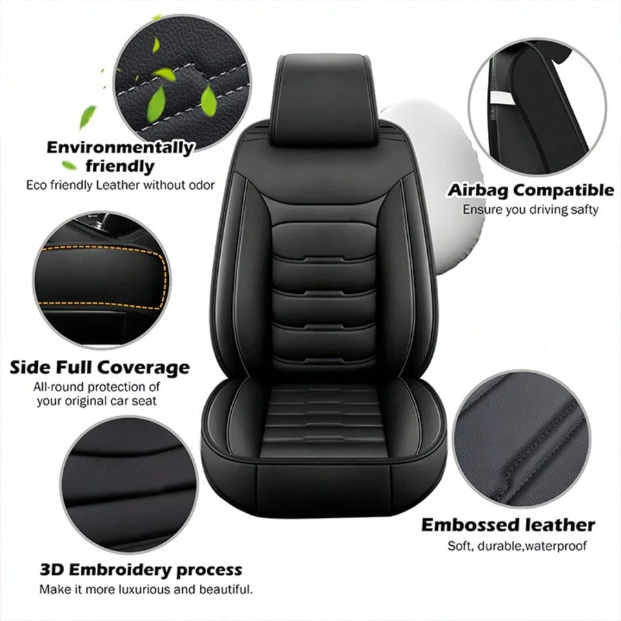 Stylish Black & Red Contrast Faux Leather Red-Stitched 5-Seater Full Coverage Car Seat Covers- Universal Fit Auto Seat Protectors