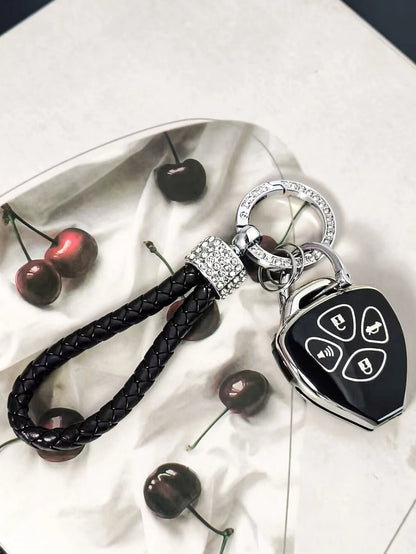 Suitable For 4-Button Diamond Straight Key Cover Electroplated White Edge TPU Anti-Scratch Protective Shell Women's Rhinestone Braided Rope Style Full Coverage Anti-Drop Wear-Resistant Dust-Proof Exqu