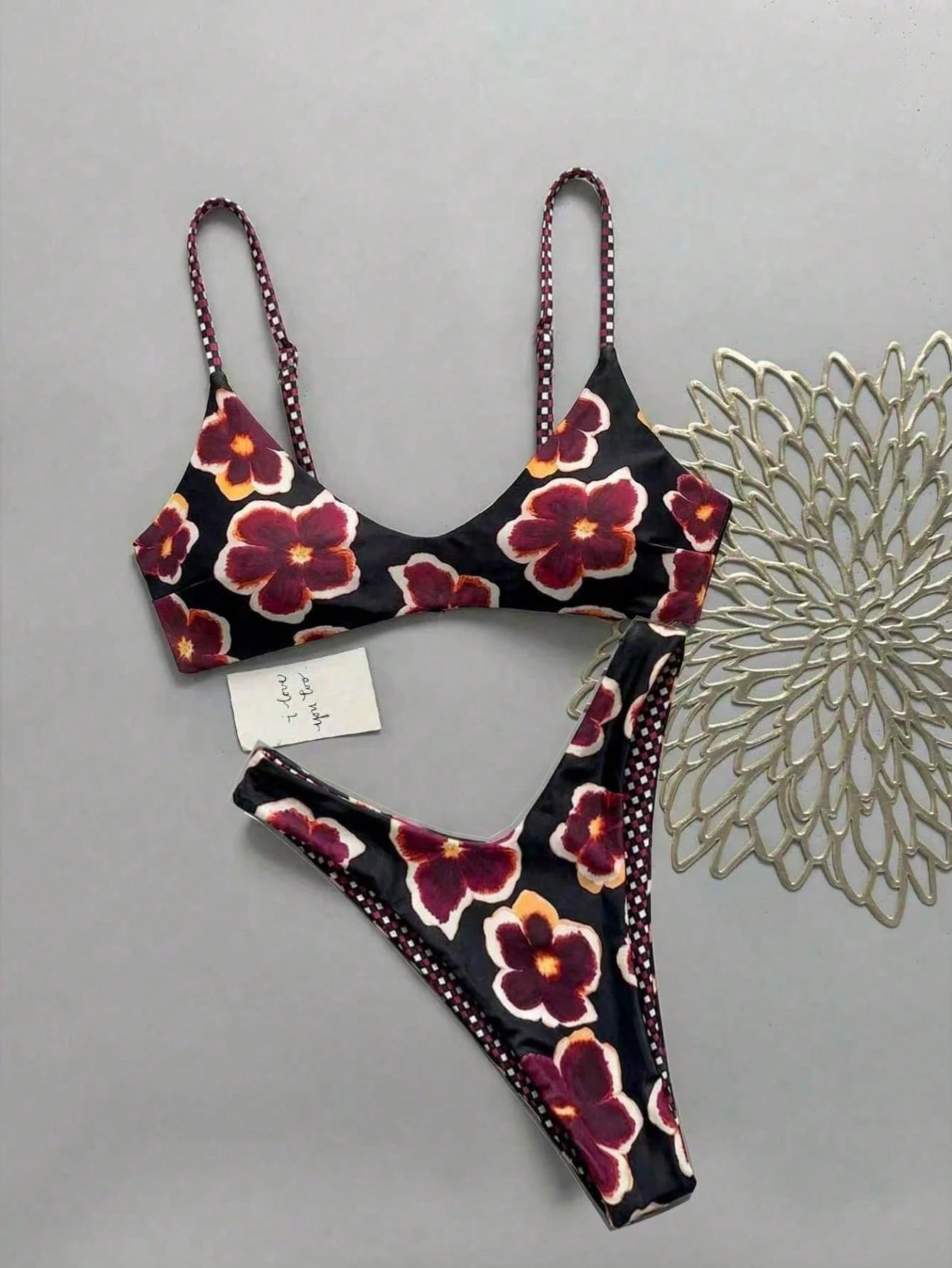 Sultry Sol Women's Reversible Plaid & Floral Print Tie-Back Two Pieces Bikini Set Set, Beach Holiday Vacation Black Summer