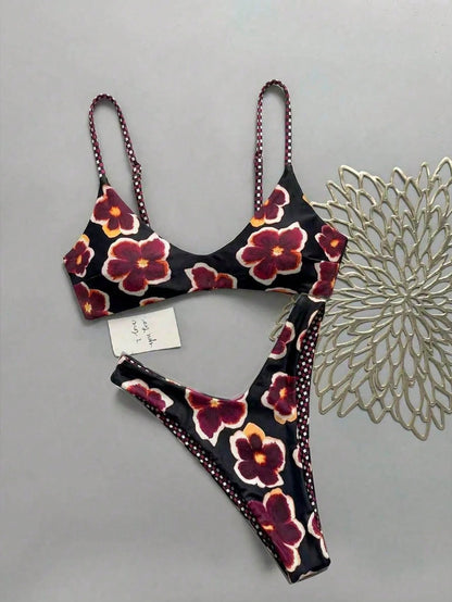 Sultry Sol Women's Reversible Plaid & Floral Print Tie-Back Two Pieces Bikini Set Set, Beach Holiday Vacation Black Summer