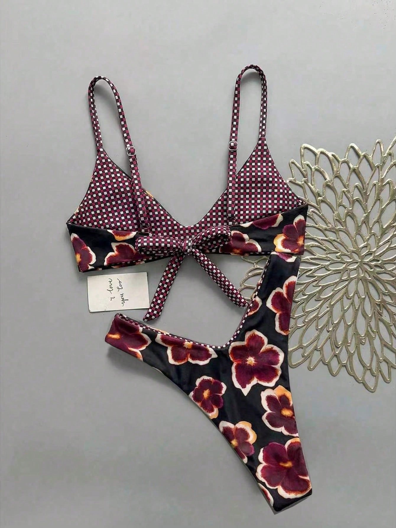 Sultry Sol Women's Reversible Plaid & Floral Print Tie-Back Two Pieces Bikini Set Set, Beach Holiday Vacation Black Summer