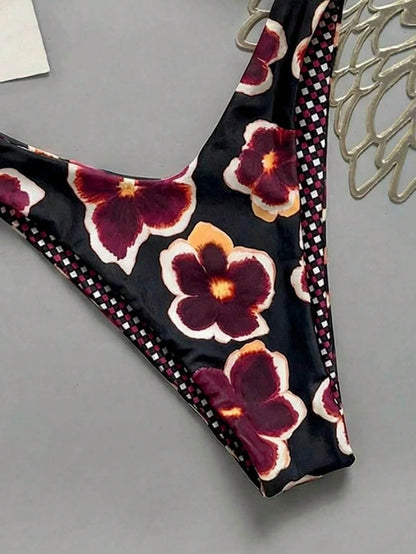 Sultry Sol Women's Reversible Plaid & Floral Print Tie-Back Two Pieces Bikini Set Set, Beach Holiday Vacation Black Summer