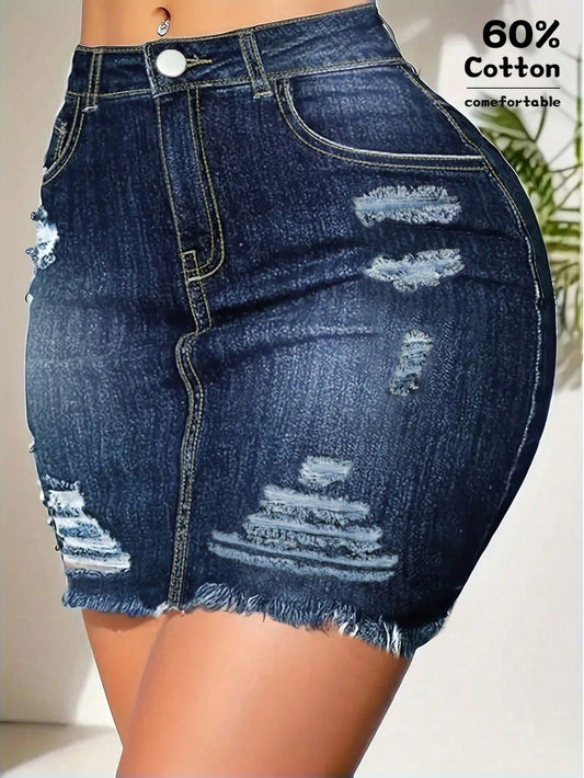 Summer Distressed Raw Hem Elastic Bodycon Denim Skirt Casual
