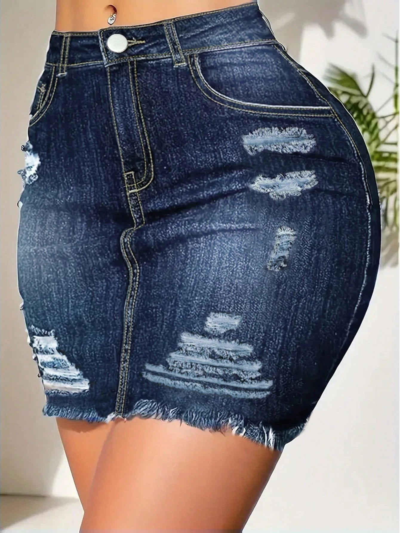 Summer Distressed Raw Hem Elastic Bodycon Denim Skirt Casual