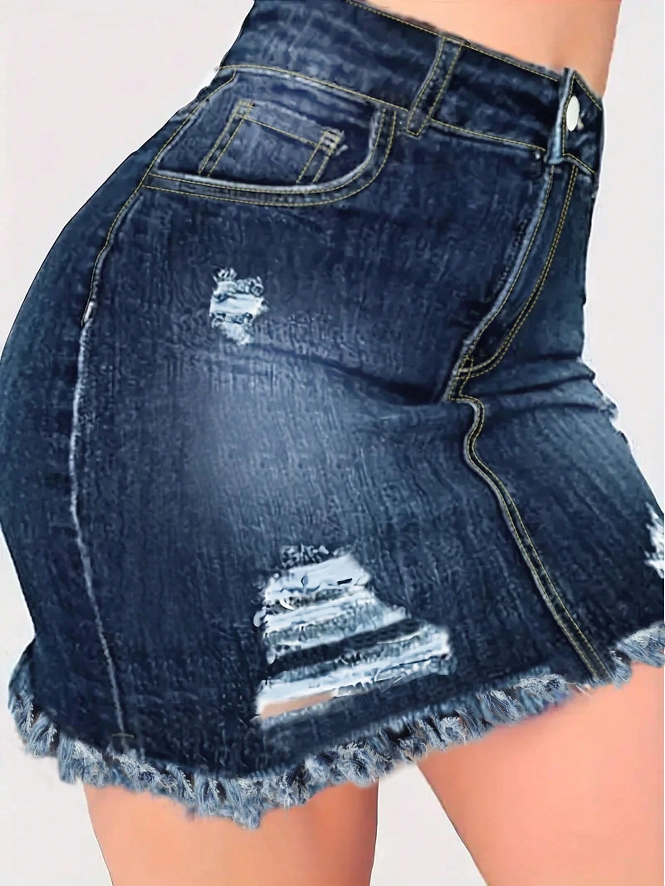 Summer Distressed Raw Hem Elastic Bodycon Denim Skirt Casual