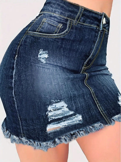 Summer Distressed Raw Hem Elastic Bodycon Denim Skirt Casual