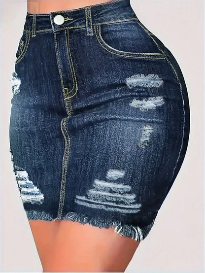 Summer Distressed Raw Hem Elastic Bodycon Denim Skirt Casual