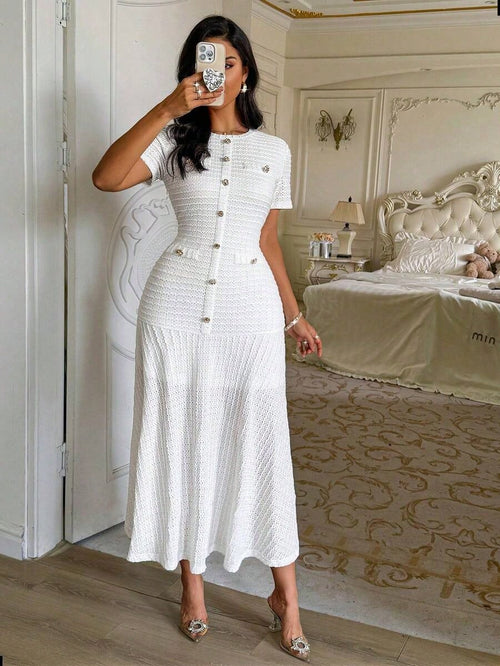 Summer Dresses For Womenvestidos Elegantes De MujerNadoll Women's Summer Elegant Pink Tweed Mermaid Maxi Dress, Short Sleeve Button Front Bodycon For