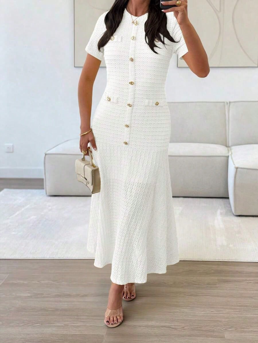 Summer Dresses For Womenvestidos Elegantes De MujerNadoll Women's Summer Elegant Pink Tweed Mermaid Maxi Dress, Short Sleeve Button Front Bodycon For