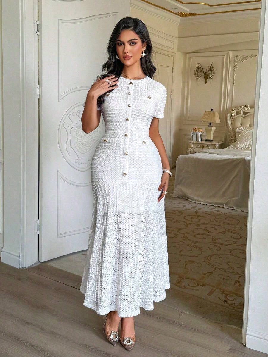 Summer Dresses For Womenvestidos Elegantes De MujerNadoll Women's Summer Elegant Pink Tweed Mermaid Maxi Dress, Short Sleeve Button Front Bodycon For