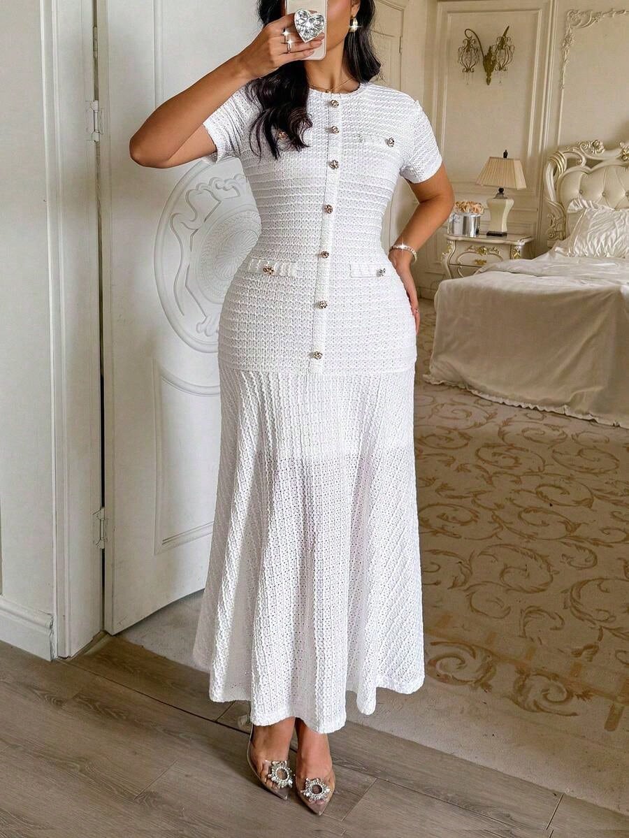 Summer Dresses For Womenvestidos Elegantes De MujerNadoll Women's Summer Elegant Pink Tweed Mermaid Maxi Dress, Short Sleeve Button Front Bodycon For