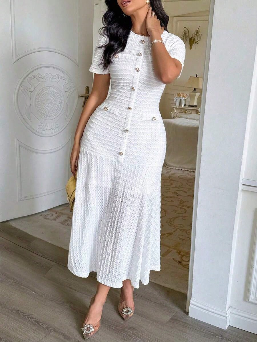 Summer Dresses For Womenvestidos Elegantes De MujerNadoll Women's Summer Elegant Pink Tweed Mermaid Maxi Dress, Short Sleeve Button Front Bodycon For