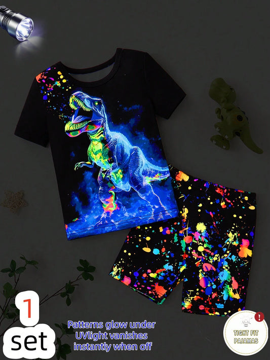 Summer,Family Matching 2 Piece Sets Kids Young Boys Pajamas Set,Nightglow Dinosaur Print Short Sleeve Tee And Shorts,Snug Fit Knit Fabric Sleepwear