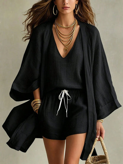 Summer Hot Selling Textured 3-Piece Set, Open Front Kimono Cardigan + V Neck Top + Drawstring Shorts, Casual Loose Fit Outfit, Boho Minimalist Style
