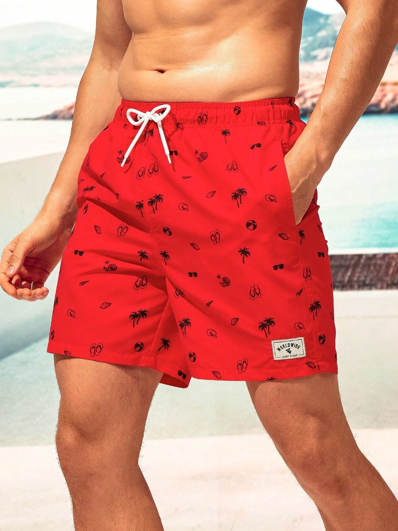 Summer Men's All-Over Print Patch Pocket Drawstring Waist Beach Shorts, Holiday