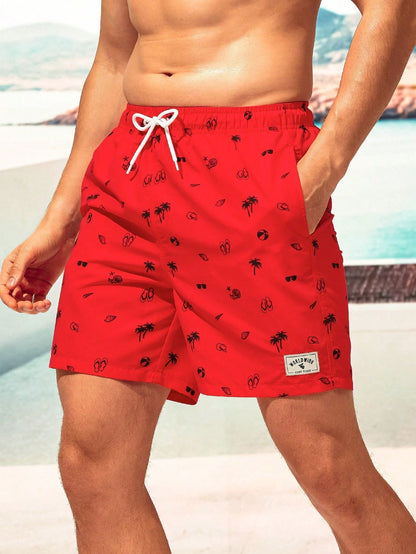 Summer Men's All-Over Print Patch Pocket Drawstring Waist Beach Shorts, Holiday