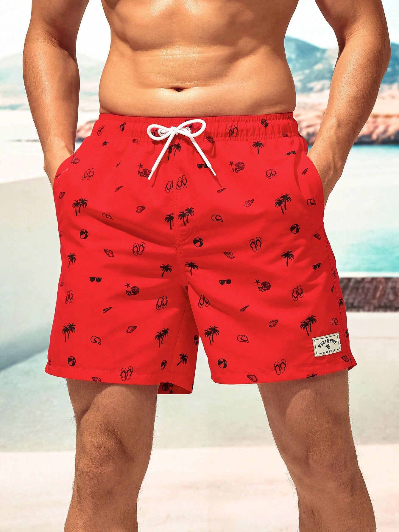 Summer Men's All-Over Print Patch Pocket Drawstring Waist Beach Shorts, Holiday