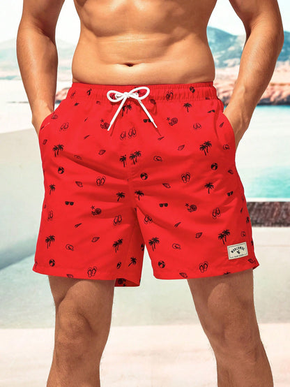 Summer Men's All-Over Print Patch Pocket Drawstring Waist Beach Shorts, Holiday