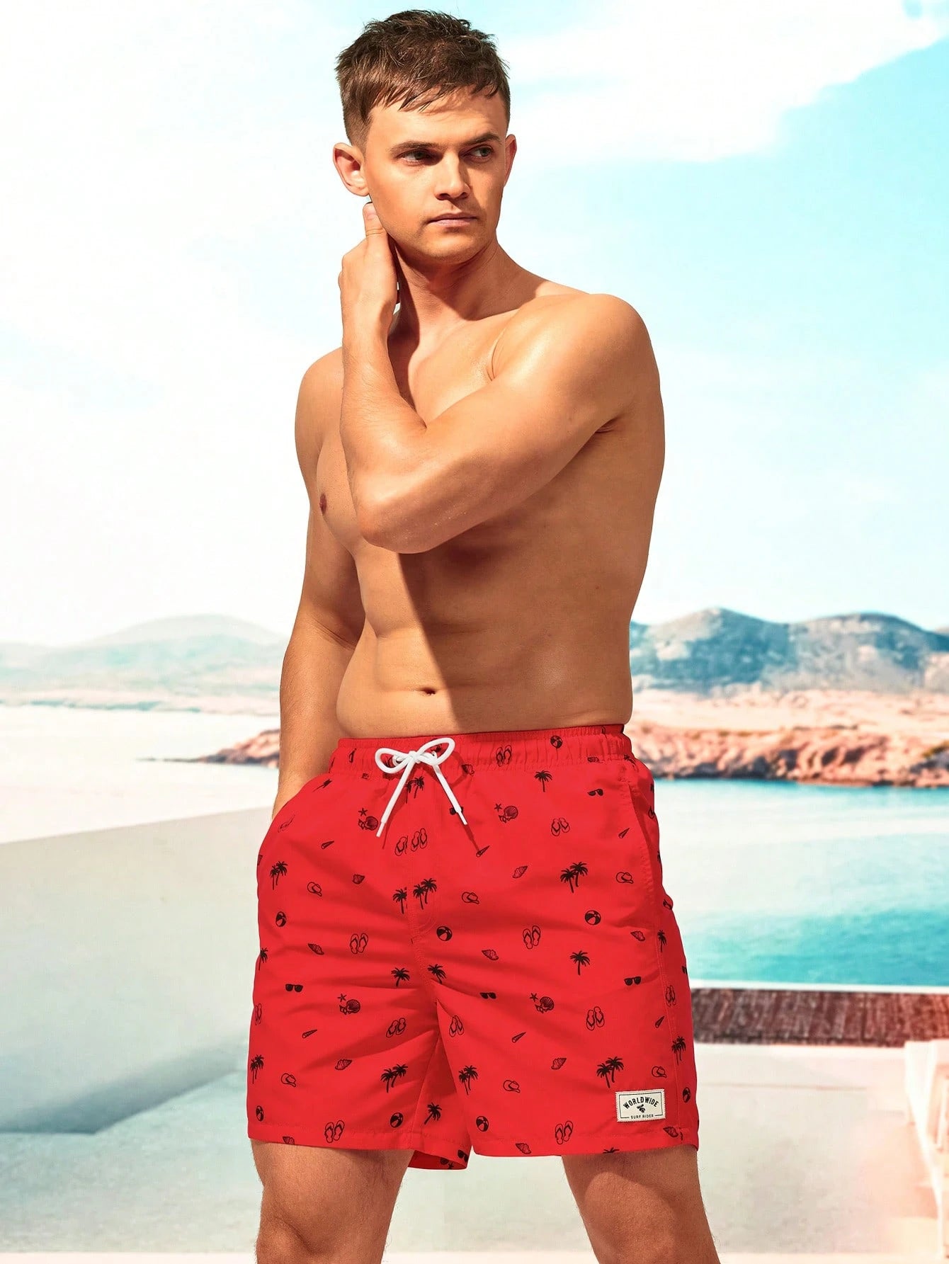 Summer Men's All-Over Print Patch Pocket Drawstring Waist Beach Shorts, Holiday