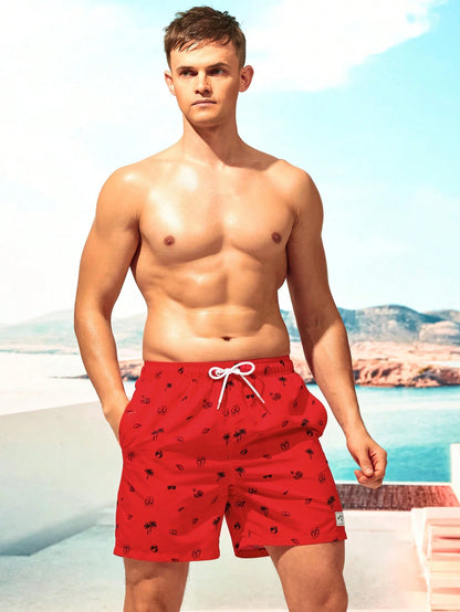 Summer Men's All-Over Print Patch Pocket Drawstring Waist Beach Shorts, Holiday