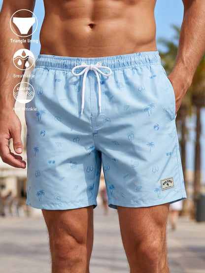 Summer Men's All-Over Print Patch Pocket Drawstring Waist Beach Shorts, Holiday