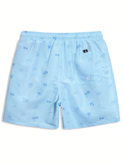Summer Men's All-Over Print Patch Pocket Drawstring Waist Beach Shorts, Holiday