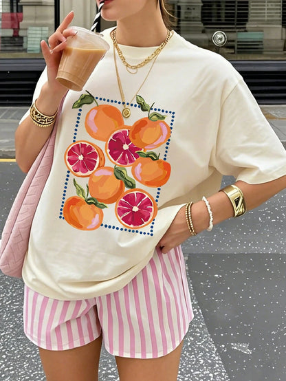 Summer New Casual Orange Print Round Neck Short Sleeve T-Shirt, Fashionable And Versatile Women Top