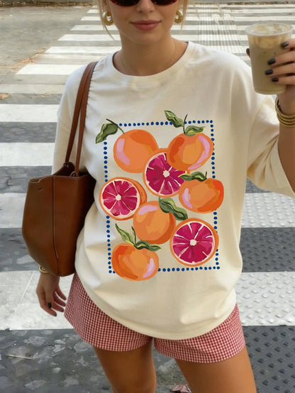 Summer New Casual Orange Print Round Neck Short Sleeve T-Shirt, Fashionable And Versatile Women Top