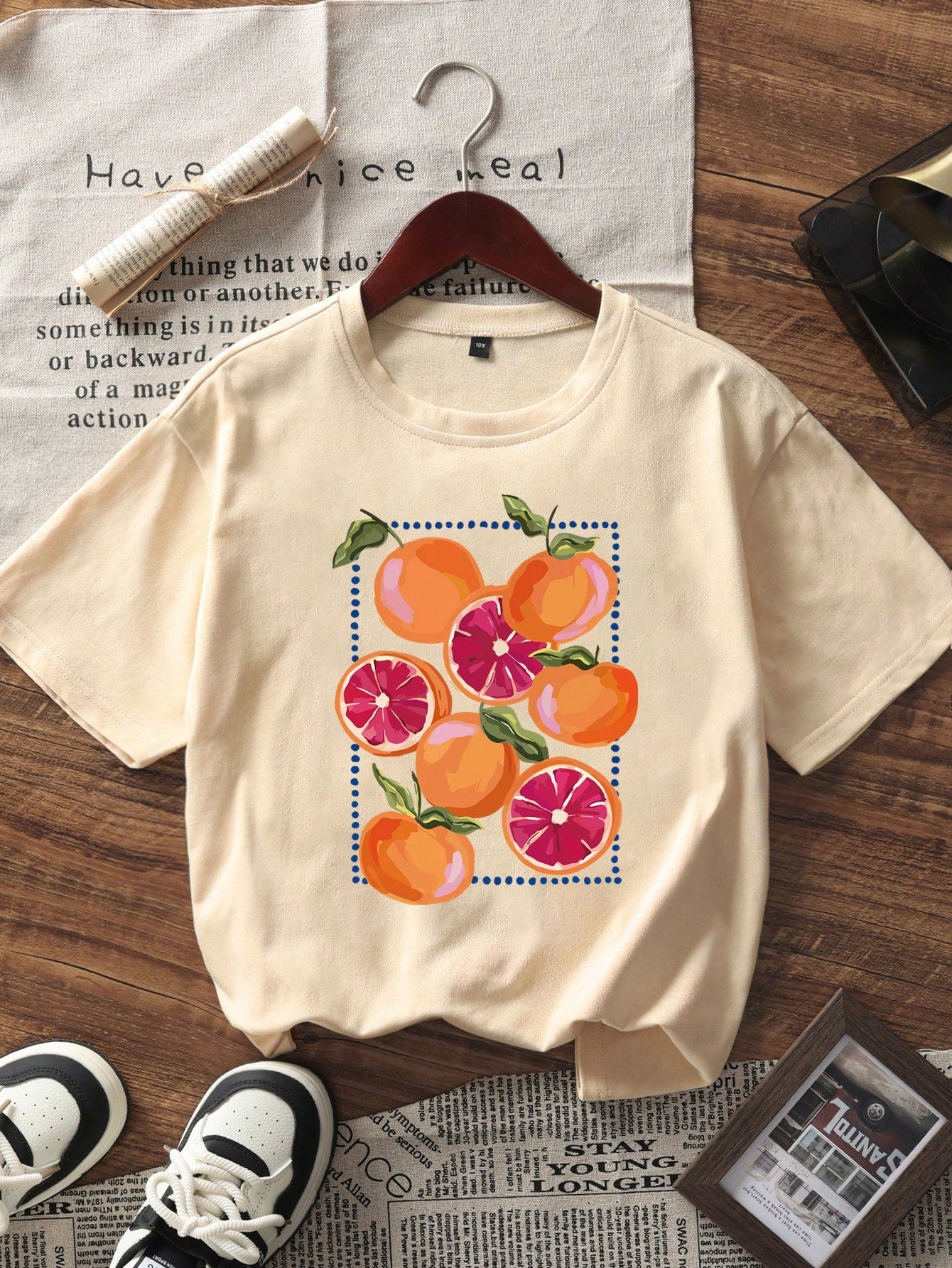 Summer New Casual Orange Print Round Neck Short Sleeve T-Shirt, Fashionable And Versatile Women Top