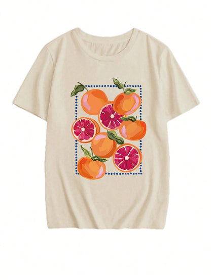 Summer New Casual Orange Print Round Neck Short Sleeve T-Shirt, Fashionable And Versatile Women Top
