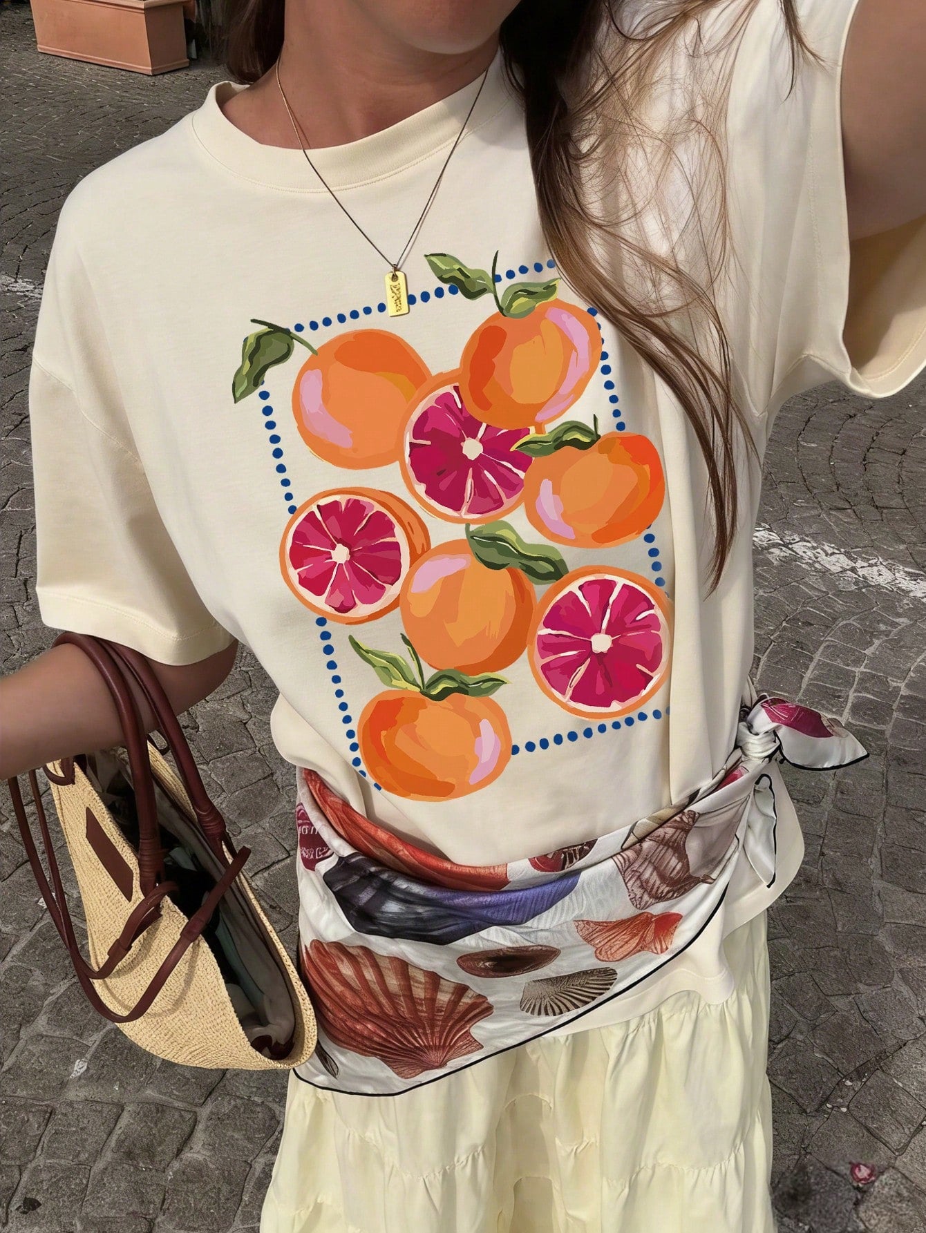Summer New Casual Orange Print Round Neck Short Sleeve T-Shirt, Fashionable And Versatile Women Top