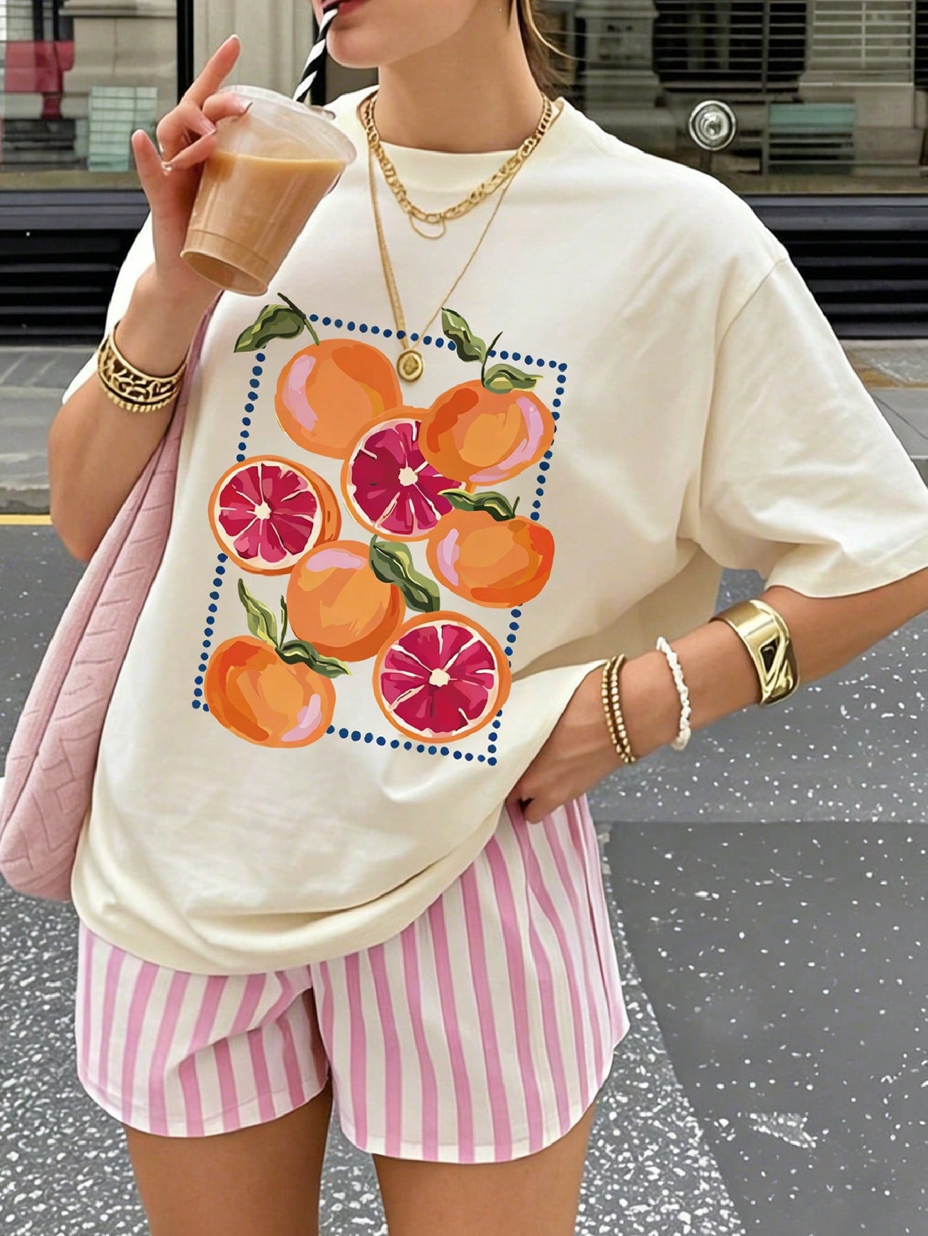 Summer New Casual Orange Print Round Neck Short Sleeve T-Shirt, Fashionable And Versatile Women Top