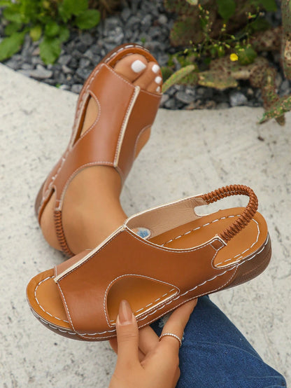 Summer New European And American Fashion Rust Brown Open Toe Comfortable Elastic Band Women Sports Casual Shoes, Suitable For Daily Wear, Outdoor, Beach, Lightweight, Versatile, Platform Wedge Sandals
