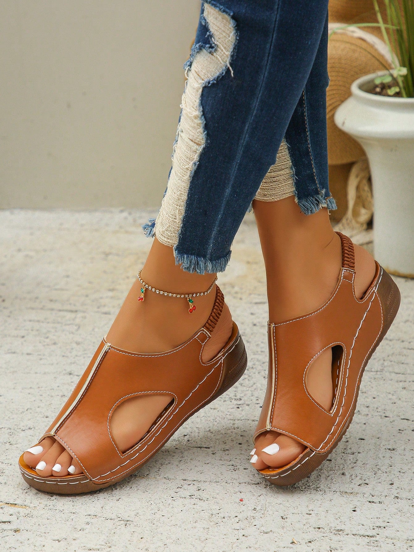 Summer New European And American Fashion Rust Brown Open Toe Comfortable Elastic Band Women Sports Casual Shoes, Suitable For Daily Wear, Outdoor, Beach, Lightweight, Versatile, Platform Wedge Sandals