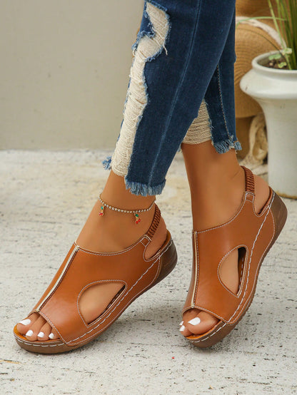 Summer New European And American Fashion Rust Brown Open Toe Comfortable Elastic Band Women Sports Casual Shoes, Suitable For Daily Wear, Outdoor, Beach, Lightweight, Versatile, Platform Wedge Sandals