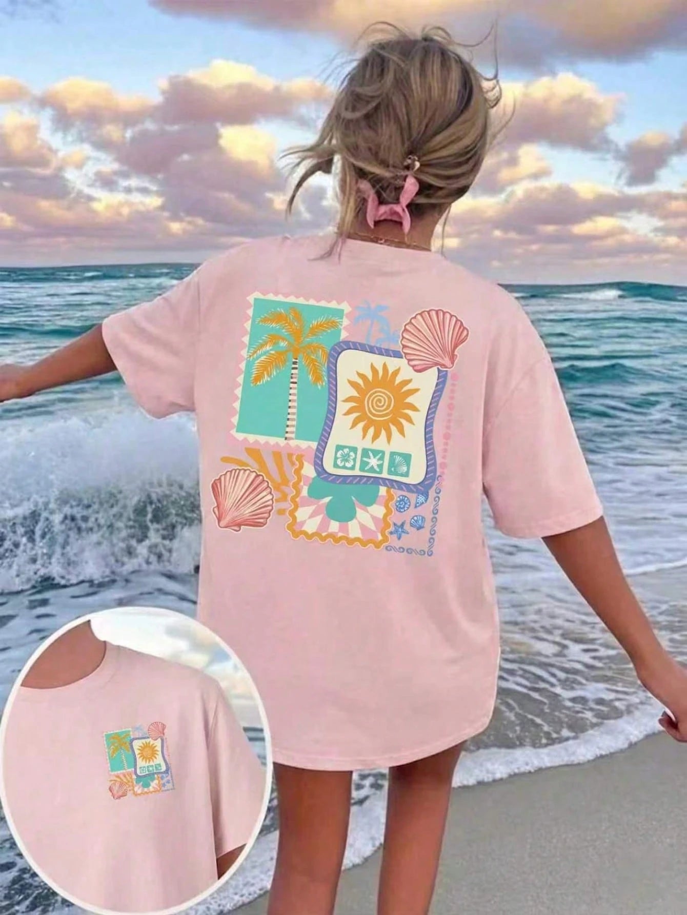 Summer New Fashionable Casual Versatile Sweet Retro Beach Vacation Style Printed Round Neck Short Sleeve T-Shirt For Women Pink
