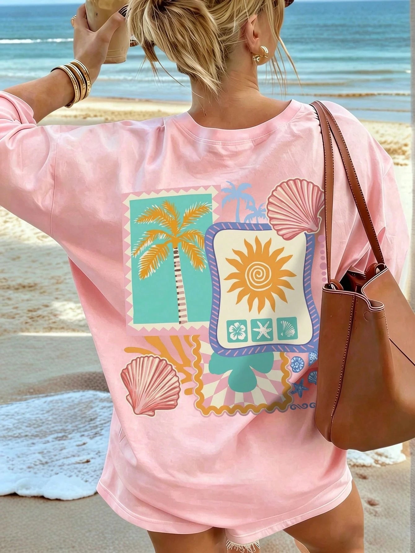 Summer New Fashionable Casual Versatile Sweet Retro Beach Vacation Style Printed Round Neck Short Sleeve T-Shirt For Women Pink