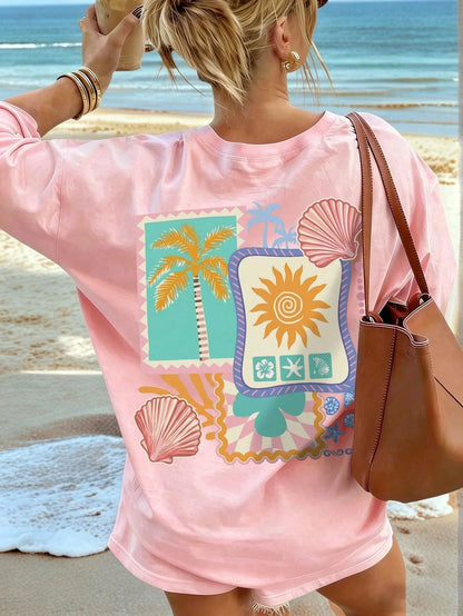 Summer New Fashionable Casual Versatile Sweet Retro Beach Vacation Style Printed Round Neck Short Sleeve T-Shirt For Women Pink